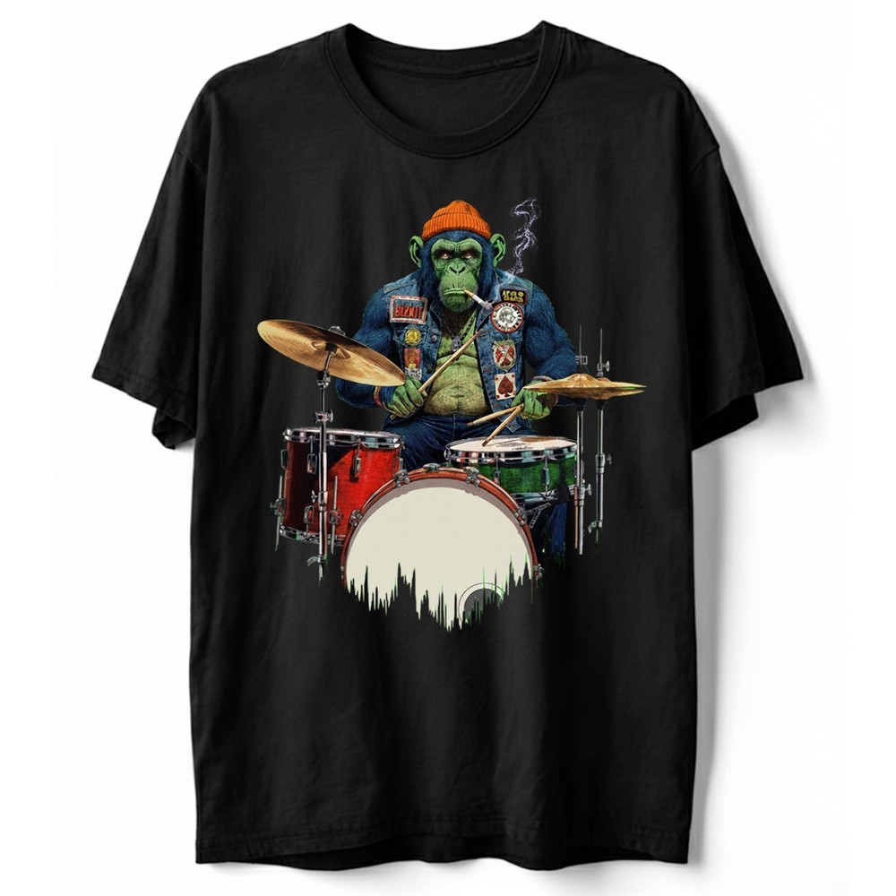 Funny Ape Playing Drum T-Shirt Chimp Drummer Smoking Monkey Rock Musician Tee