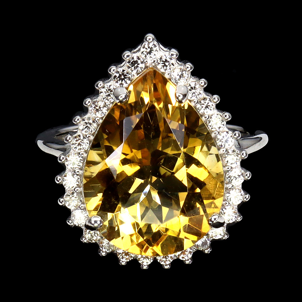 925 Sterling Silver Ring with 16x12mm Pear Citrine and Zircon Gemstone Jewelry