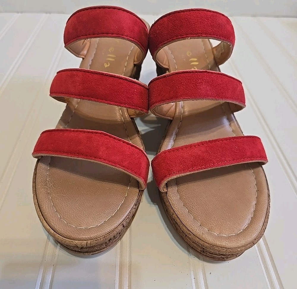 Beige Slide Wedge Sandals with Red Straps Womens Size 8M Preowned