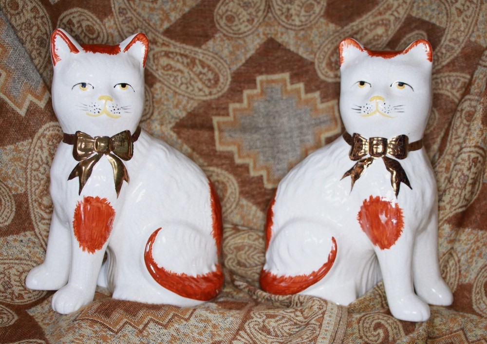 Pair Staffordshire CATS white w/ ginger-red markings