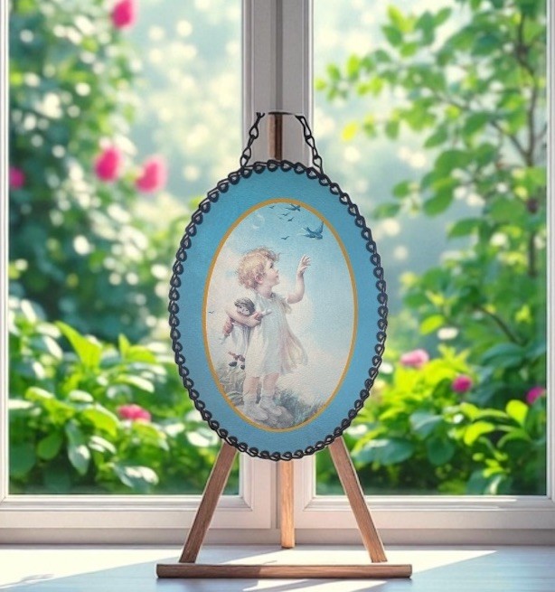Antique Bessie Pease Gutman Baby Bird and Child Print Framed Under Glass 6”