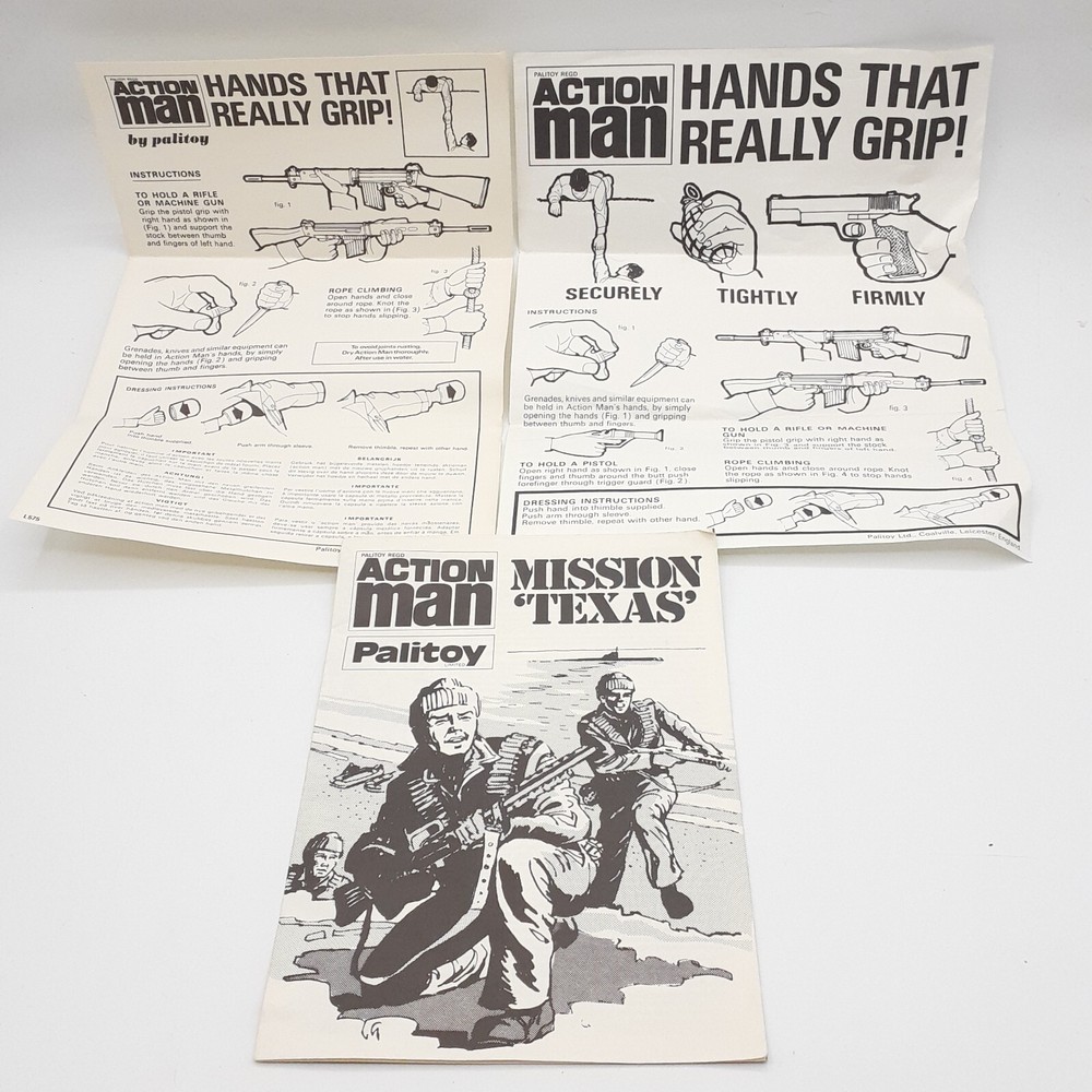 Vintage Palitoy Action Man Mission Texas And Hand Grips Paper Inserts
