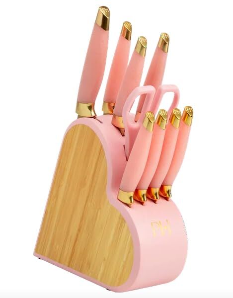 10-Piece Pink Cutlery Block Set with Knives and Storage Block
