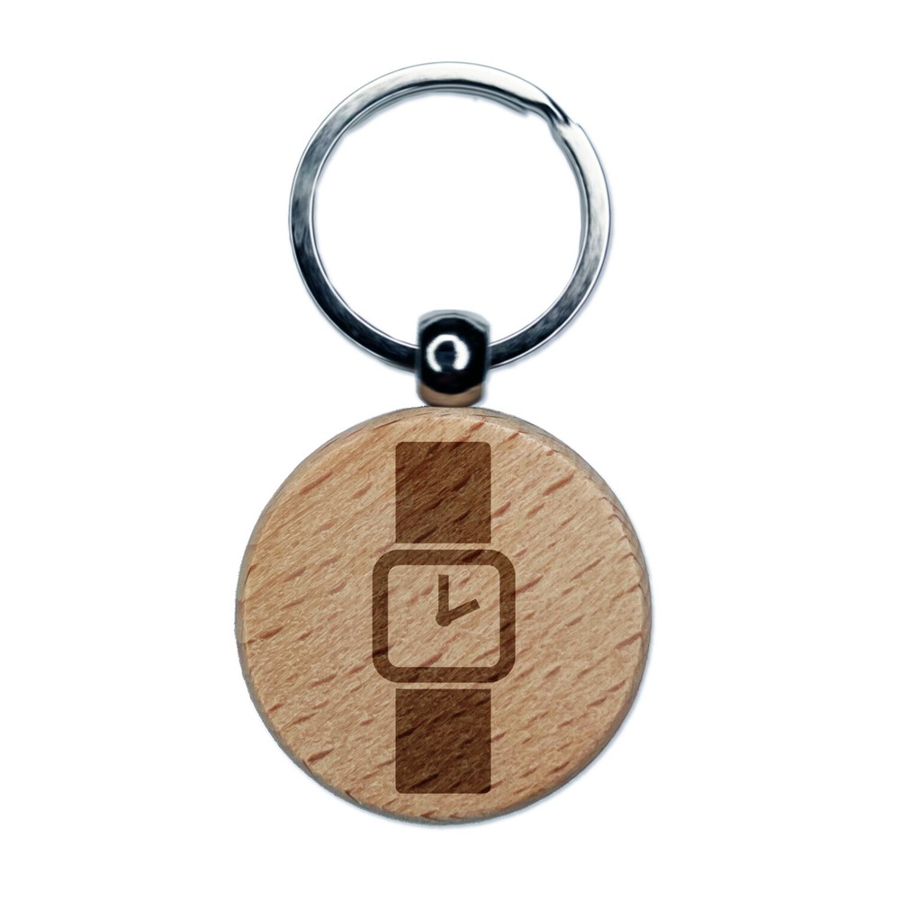 Wrist Watch Engraved Wood Round Keychain Tag Charm
