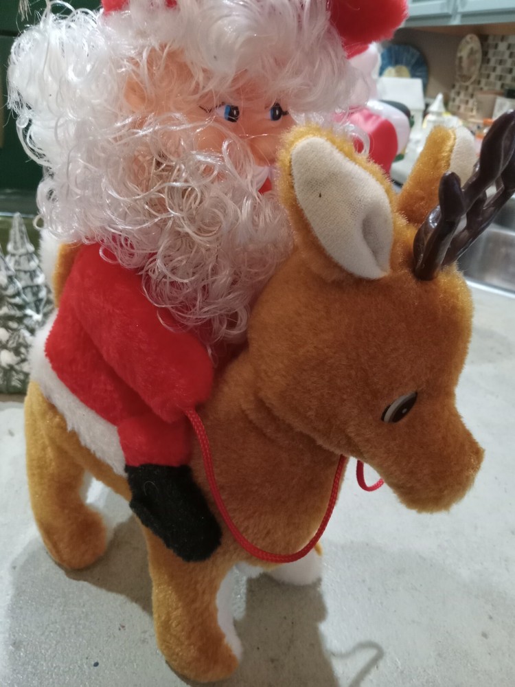 Vintage Christmas Santa Claus Musical Plush Riding Reindeer Battery Operated