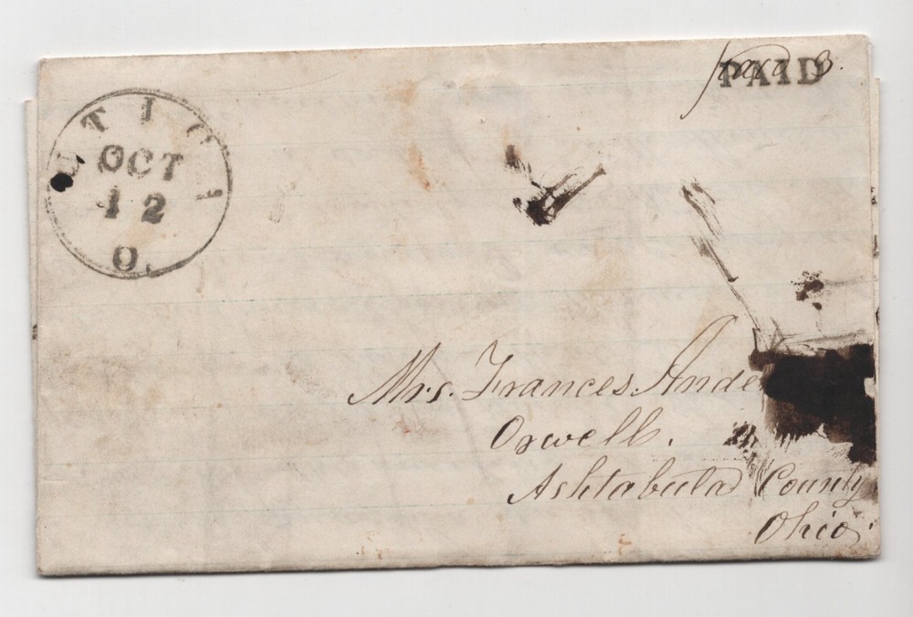 US UTICA OHIO 1837 STAMPLESS FOLDED LETTER TO OSWELL ASHTABULA COUNTY,