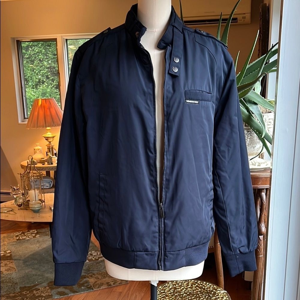 Members Only Blue Varsity Bomber Jacket with Stand-Up Collar Size Large-image