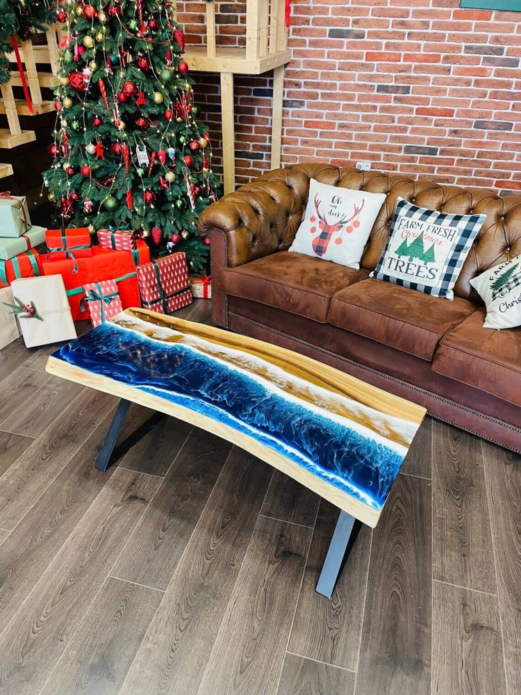 Ocean Epoxy Live Edge Wooden Coffee Table Top, Epoxy Resin River Christmas Sale-image