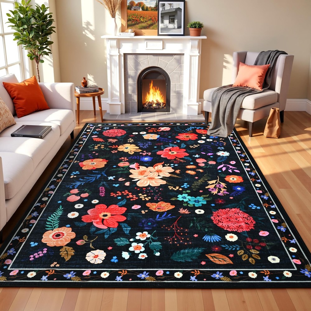 Boho Floral 5x7 Black Washable Rug for Living Room Ultra-Thin Large Area Rug