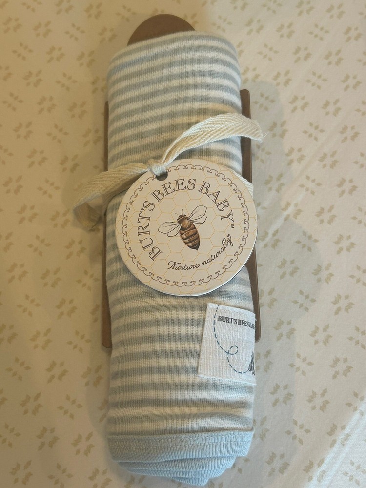 Burt's Bees Baby Swaddle Blanket ~ White & Blue 29”X 29” Organic Cotton Gift