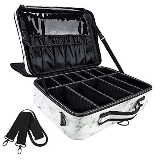 Large Travel Makeup Case - Portable Marble Cosmetic Bag in L-White