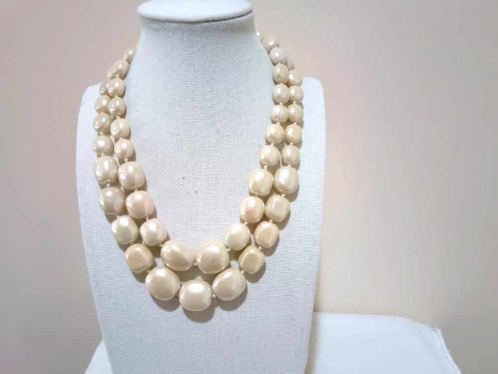 Vintage Cream Color Double Strand Faux Pearl Graduated Necklace