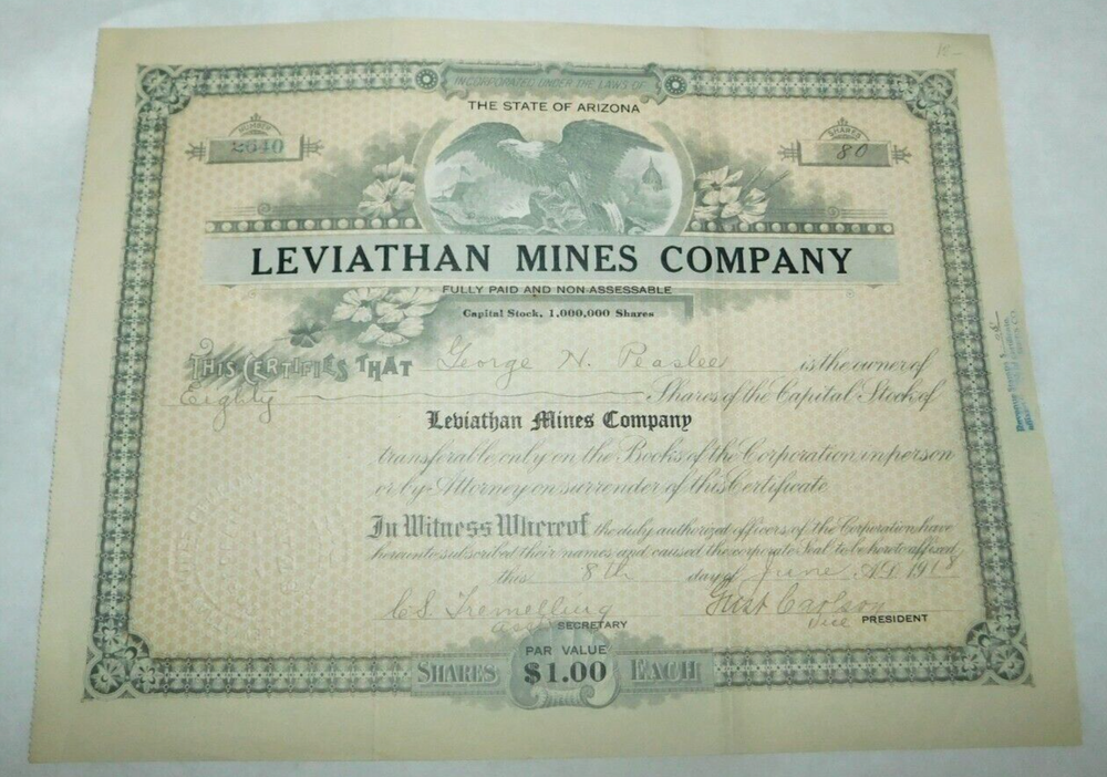 1918 Leviathan Mines Company Original Capital Stock Certificate