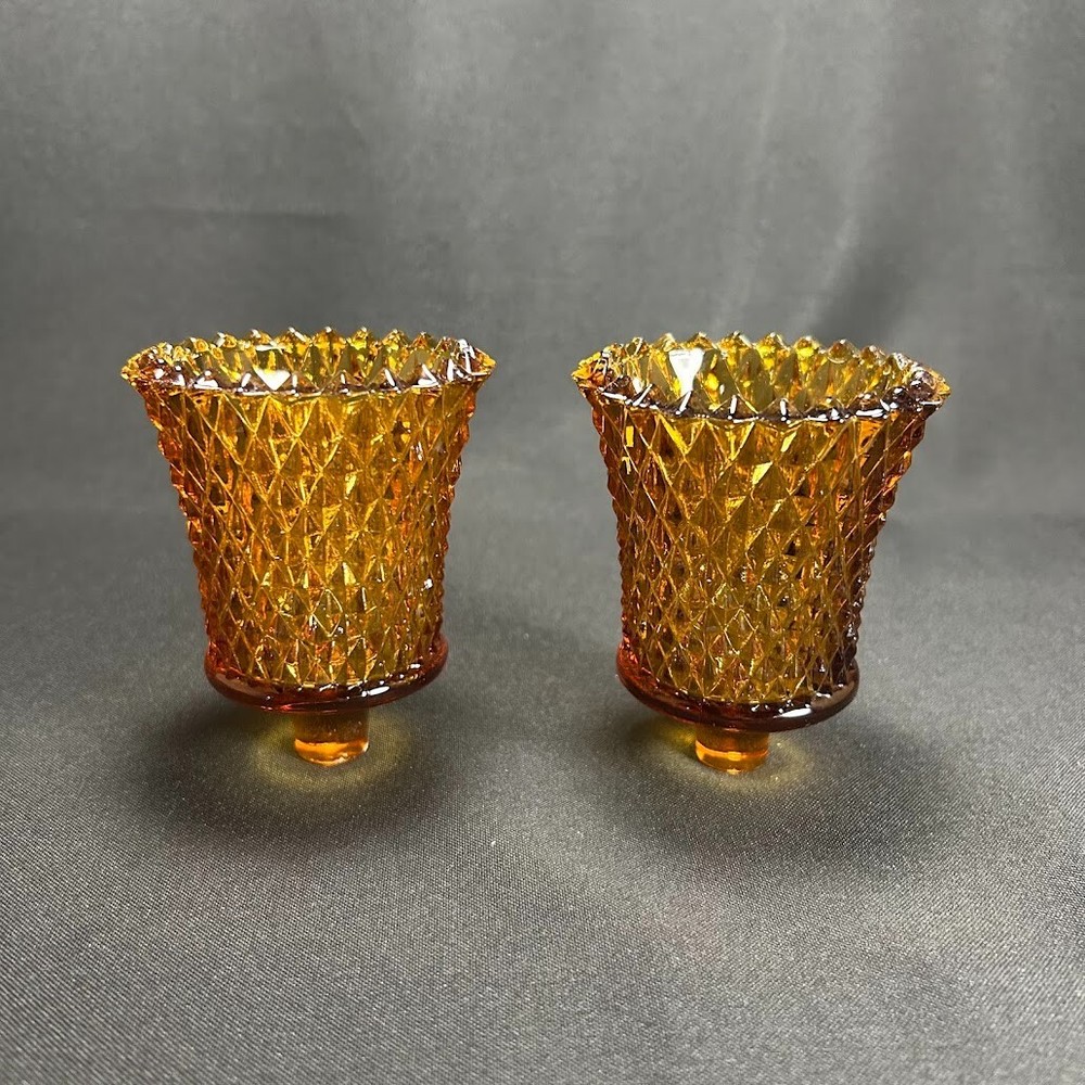 Vintage Diamond Hobnail Amber Glass Hurricane Votive Candle Holders Set of 2