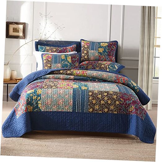 Cotton Bedspread Quilt Sets Reversible Bedding Queen size Blue Vintage Floral