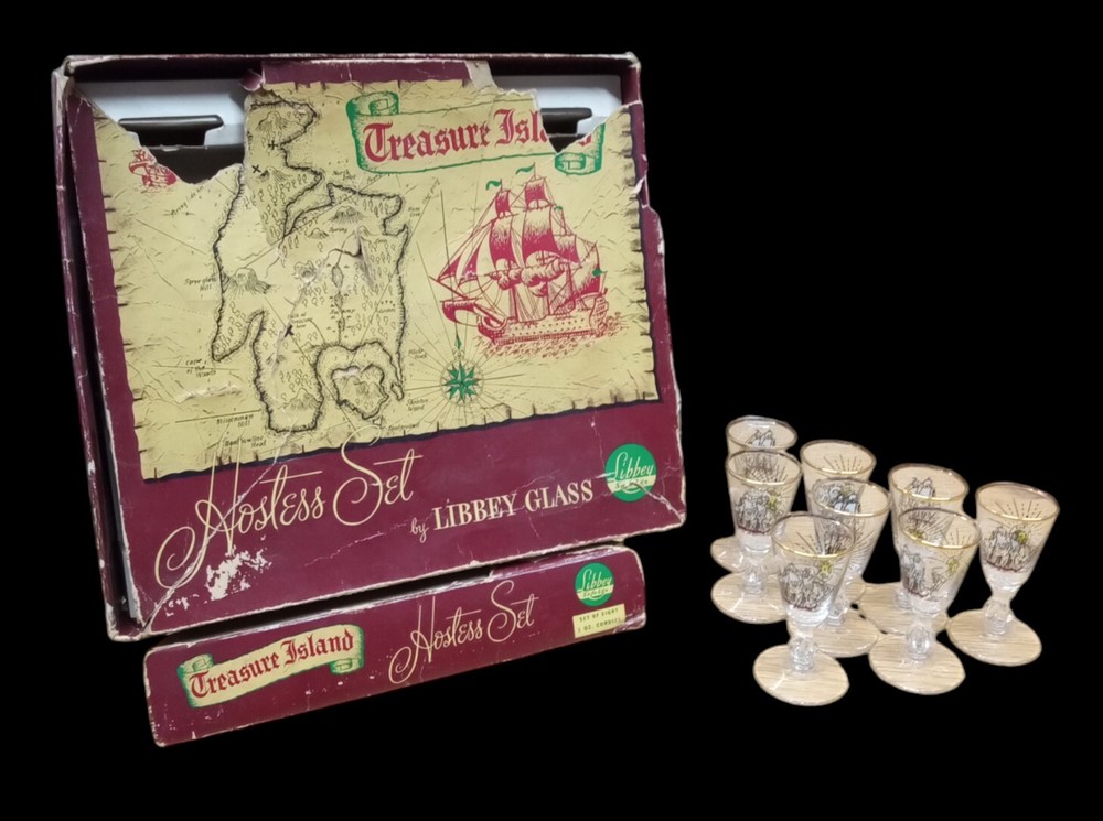 Vintage Libbey Treasure Island 8 Cordial Glass Set 1950s MCM in Box
