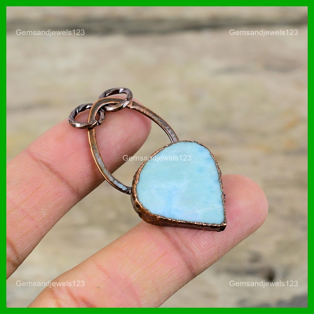 Mothers Day Copper Larimar Stone Electroformed Bezel Pendant Jewelry Gift-image