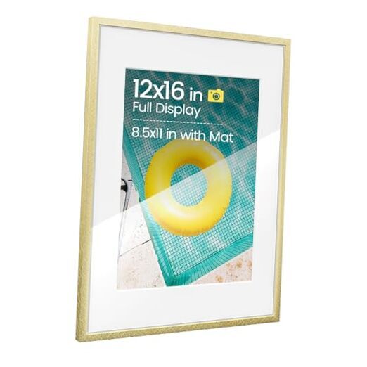 12x16 Aluminum Picture Frame with Gold Mat for 8.5x11 Photos