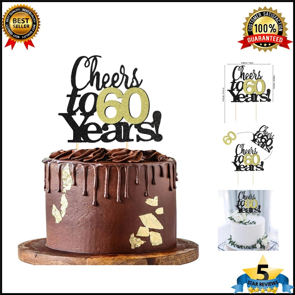 Cheers to 60 Years Cake Topper for 60th Birthday or Wedding Anniversary Celebration