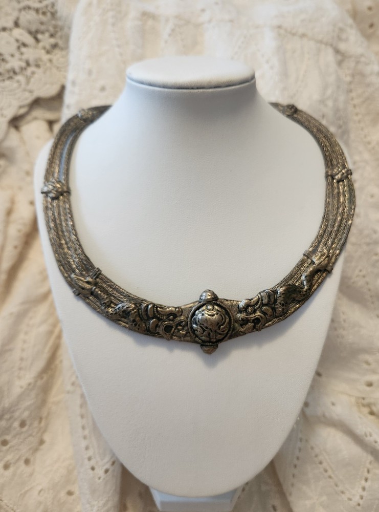 Rare Antique Indian Coin Silver Tribal Necklace with dragon ornate.