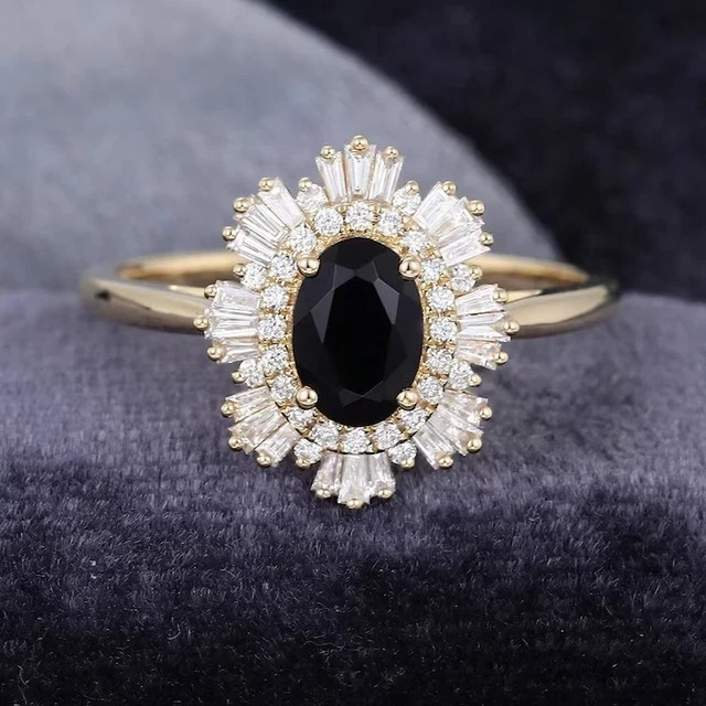 2.30Ct Oval Cut Simulated Black Diamond Halo Wedding Ring 14K Yellow Gold Plated