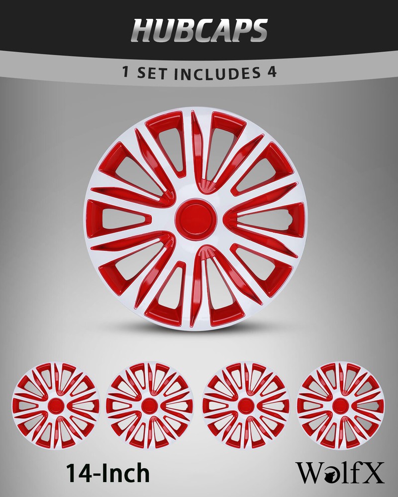 4-Pack White & Red ABS Wheel Covers for R14 Hubcaps