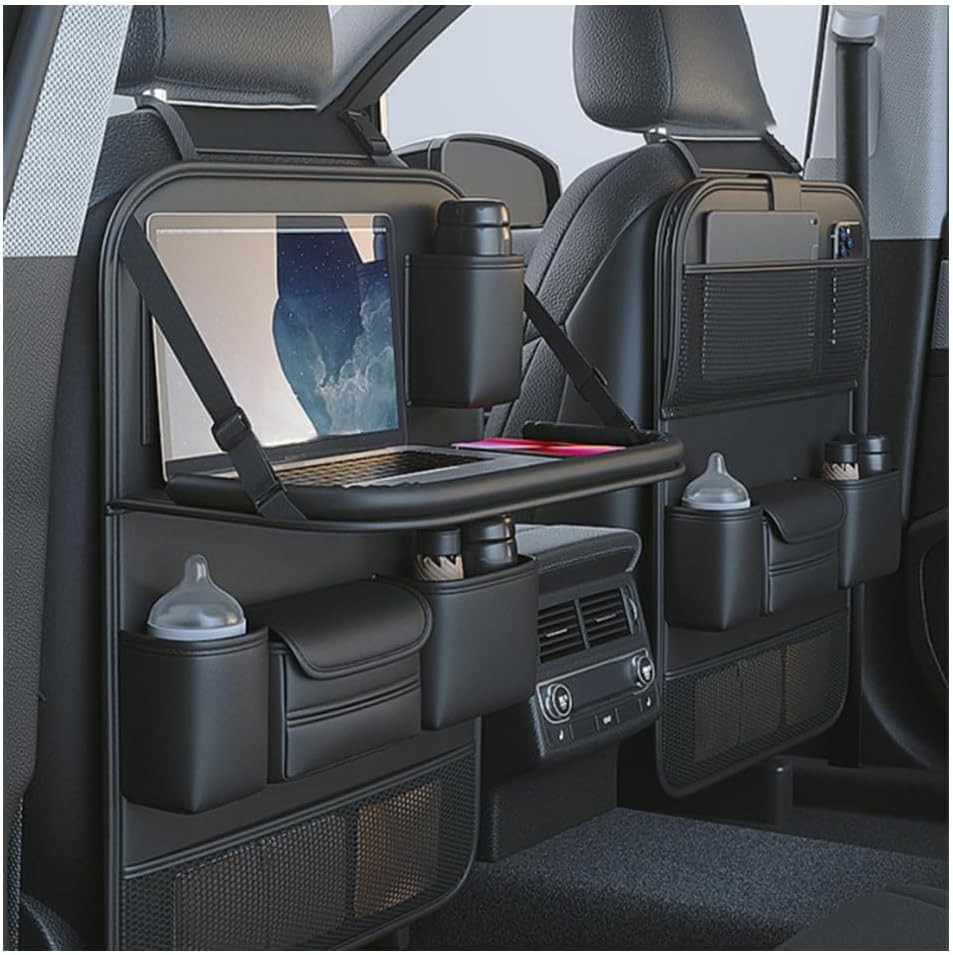 2 Pack Black Leather Car Backseat Organizer with Foldable Table Tray