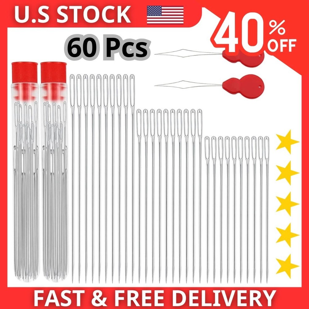 60 PCS Large Eye Hand Sewing Needles Set - 3 Sizes Leather Embroidery Thread ...