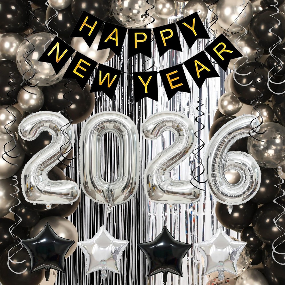 New Years Eve Party Supplies 2026 Kit - Pack of 153, Huge Silver 2026 Balloon...-image
