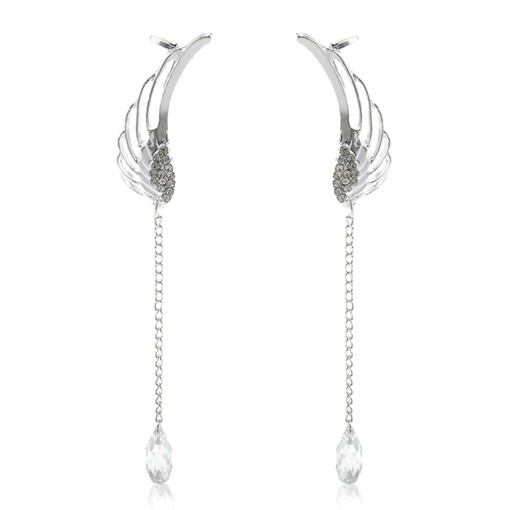 Crystal Angel Wing Dangle Earrings with Delicate Water Drop Ear Cuff Design
