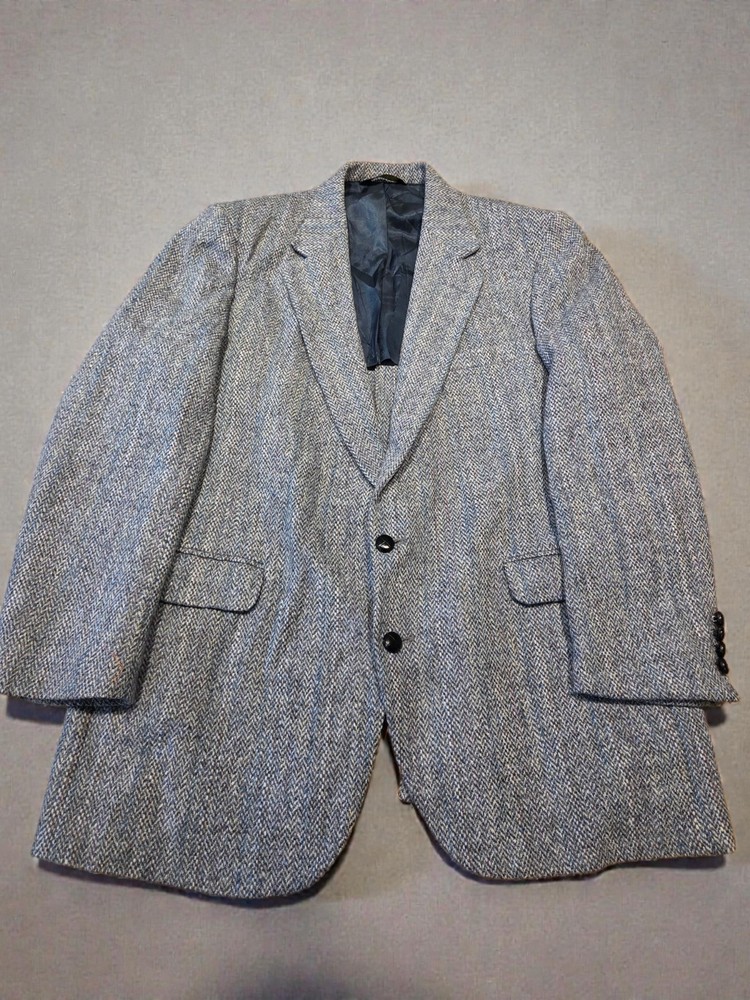 Vintage Harris Tweed Wool Blazer Grey Blue UK 48 XXL Two Button Vicose Lined