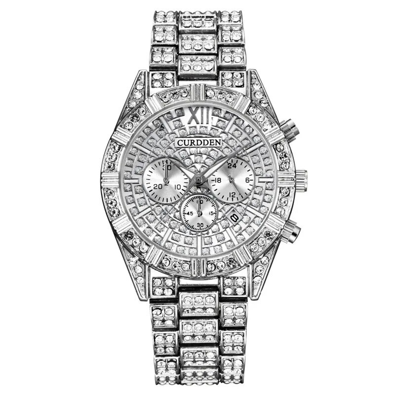 CURDDEN Premium Silver Quartz Luxury Watch with Genuine Gemstones