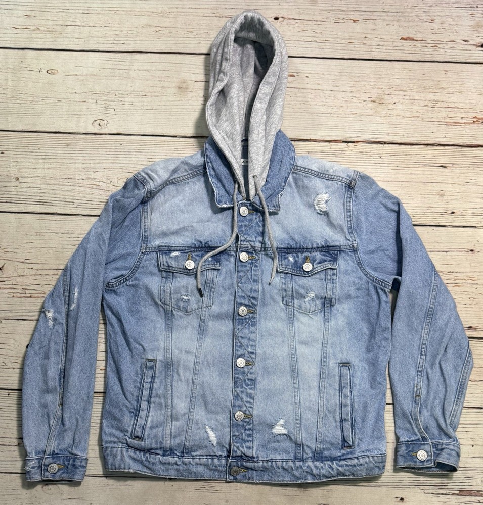 Pacsun Distressed Blue Denim Jacket Hoodie for Men Size L