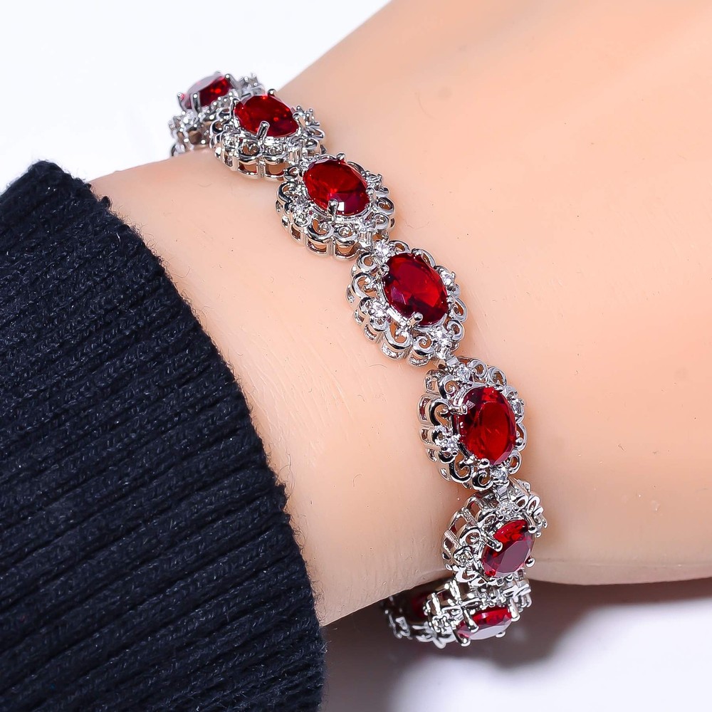 Red Garnet & Cubic Zirconia 925 Sterling Silver Tennis Bracelet 7.99