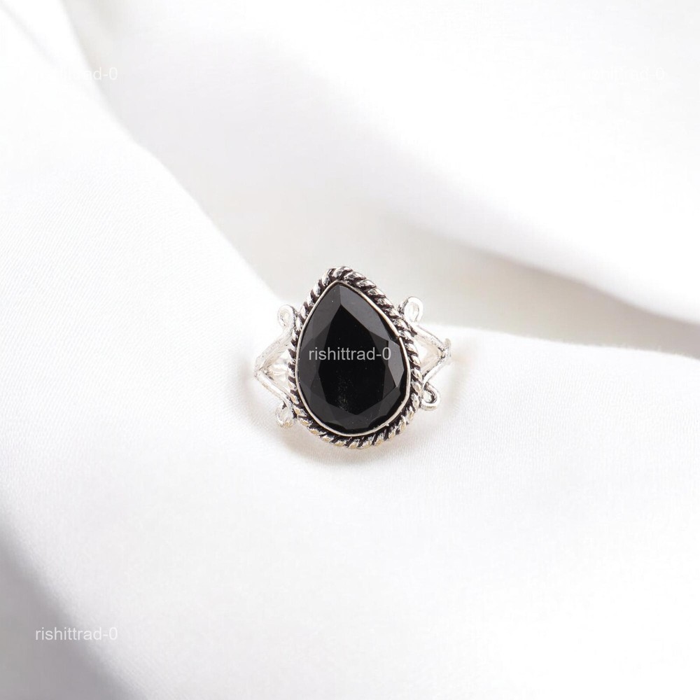 Pear Root Chakra Black Onyx Gemstone Unique Band Trendy Ring Jewelry 925 Silver