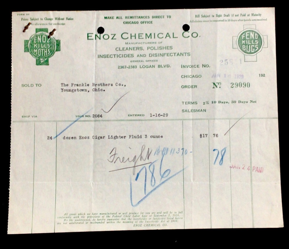1929 Billhead Chicago Illinois Enzo Chemical Co insecticides polishers #b10