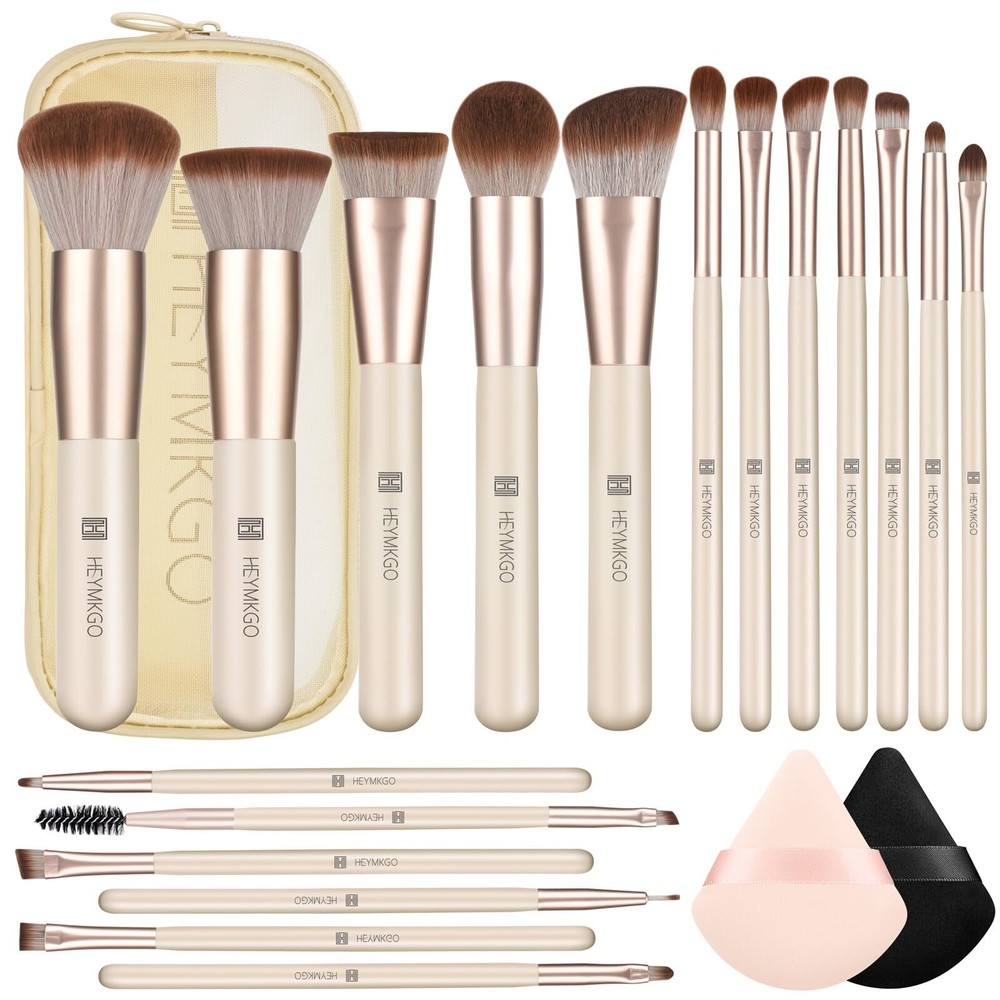 HEYMKGO 18-Piece Professional Makeup Brush Set with 2 Powder Puffs for Flawless Beauty Looks