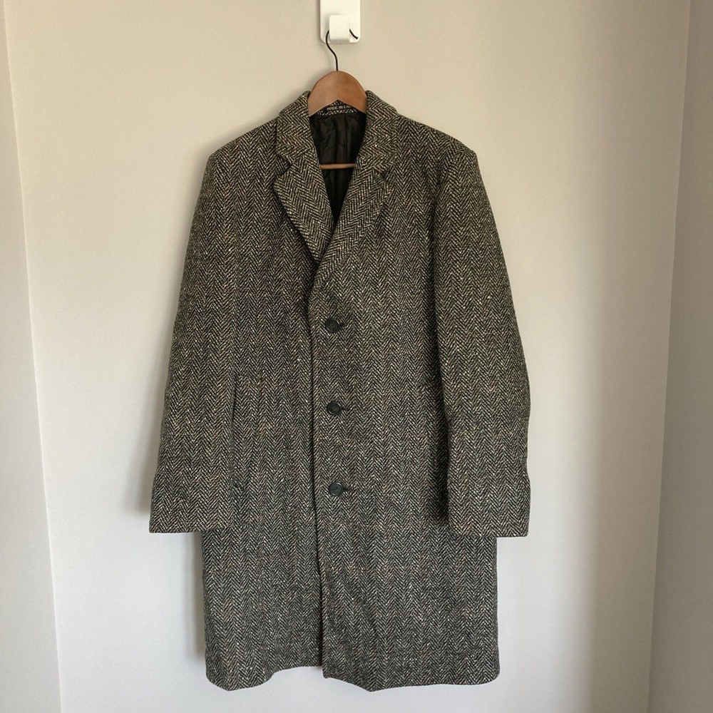 Dunn & Co Mens Wool Herringbone Tweed Crombie Overcoat Size 45