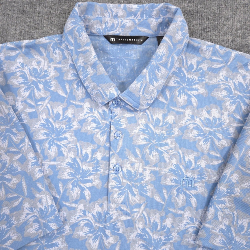 Travis Mathew Polo Shirt Mens XXL Blue Gray Five Oh Hawaiian Floral AOP Golf