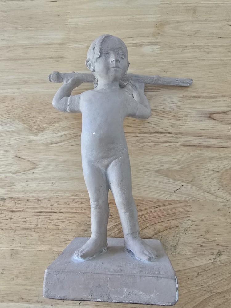 Vintage 1978 Austin Prod Clay Sculpture Child with Spiritual Stick 9x6.5x4 Inches