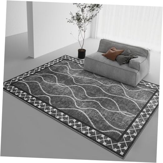 Modern Bordered 5x7 Washable Area Rug in Dark Grey