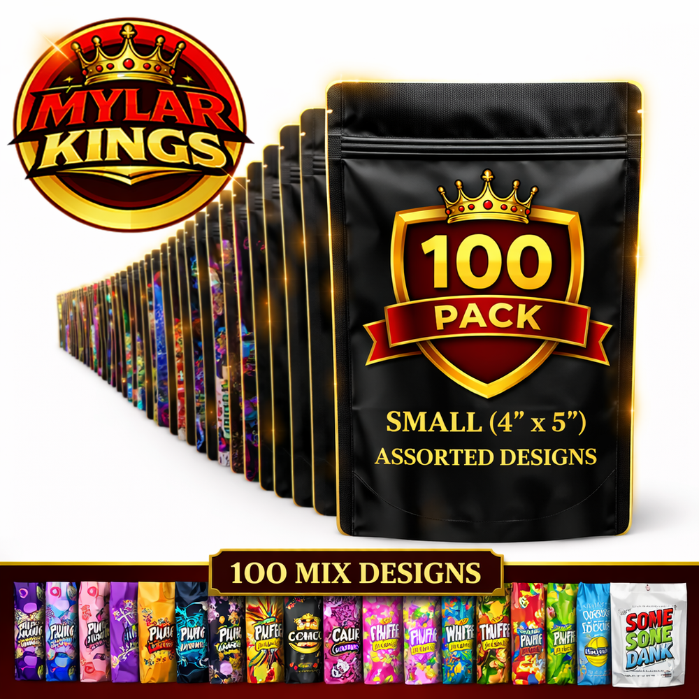 100 Pack Small Smell Proof Foil Storage Pouches 4” x 5” Mix Designs Zip Bags