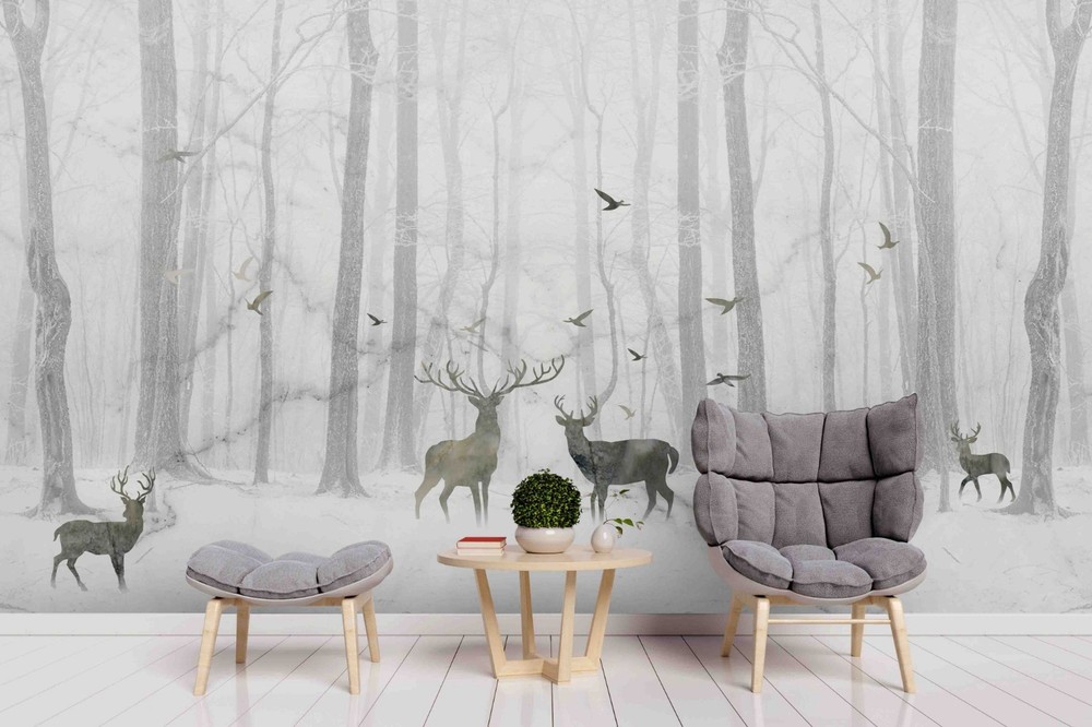 3D Forests Deer Winter Landscape Wall Murals Wallpaper Murals Wall Sticker