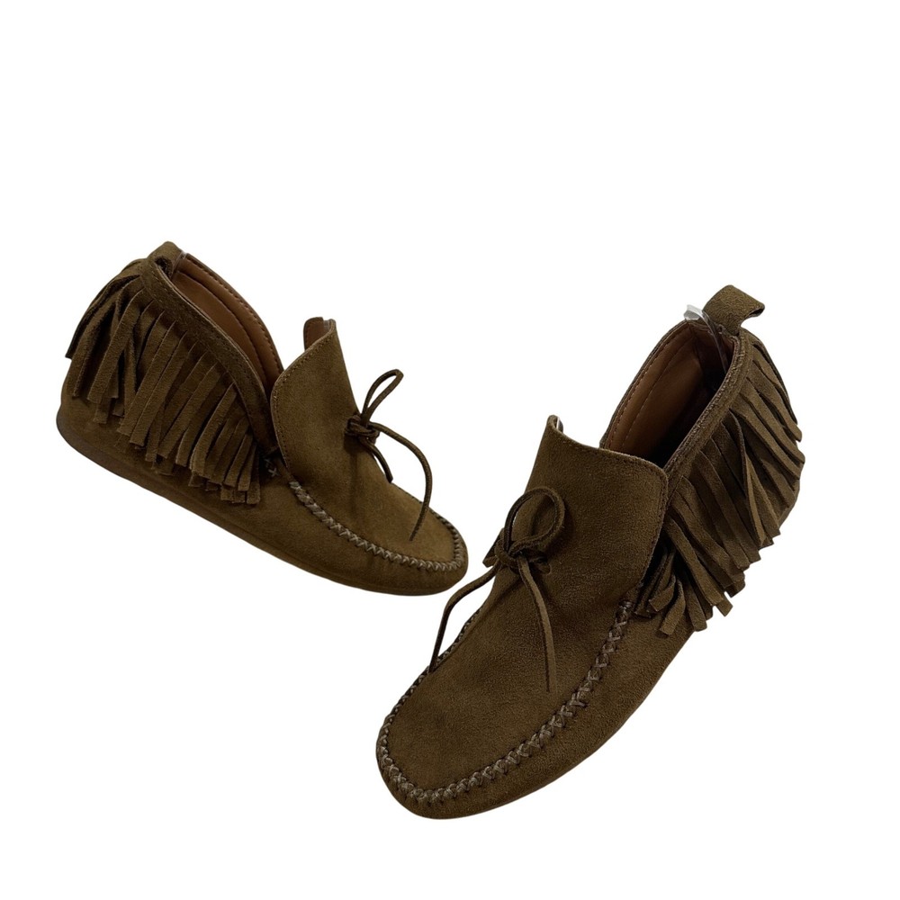 Zara Women's Shoes Camel Suede Leather Fringe Front Tie Boho Moccasins Size 36