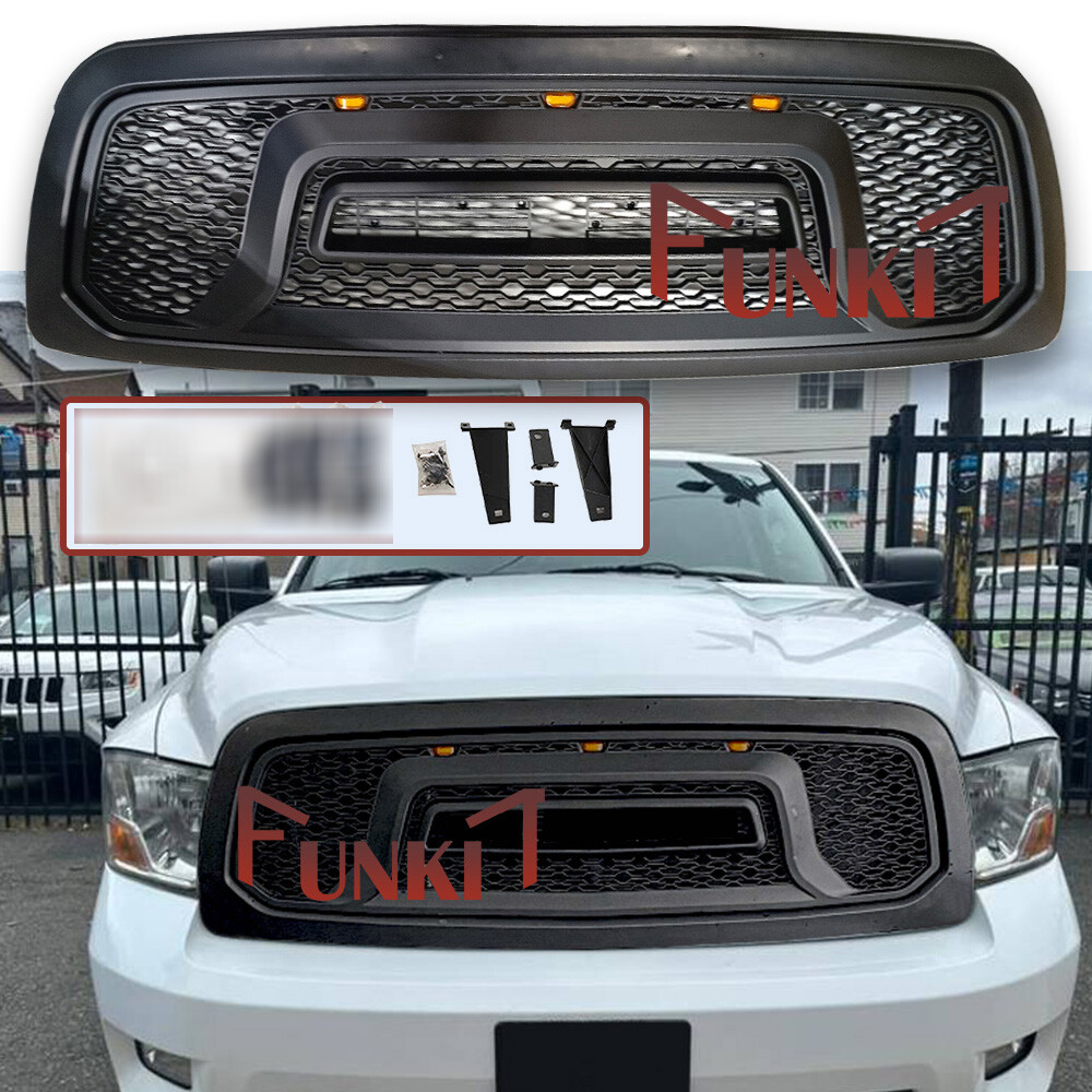 Front Grille For 2009-2012 Dodge Ram 1500 Sport w/Letters LED Grill Black Hood