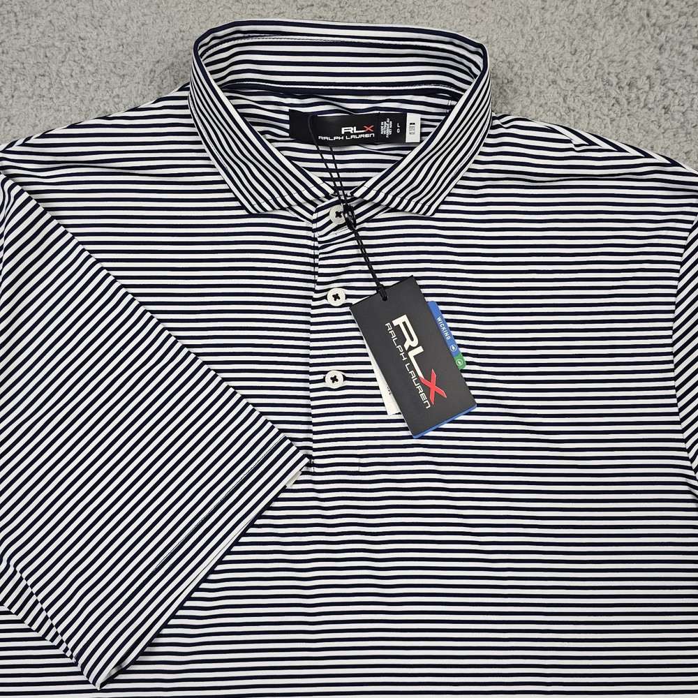 RLX Ralph Lauren Polo Shirt Mens Large Navy Striped Golf Performance Wicking NWT