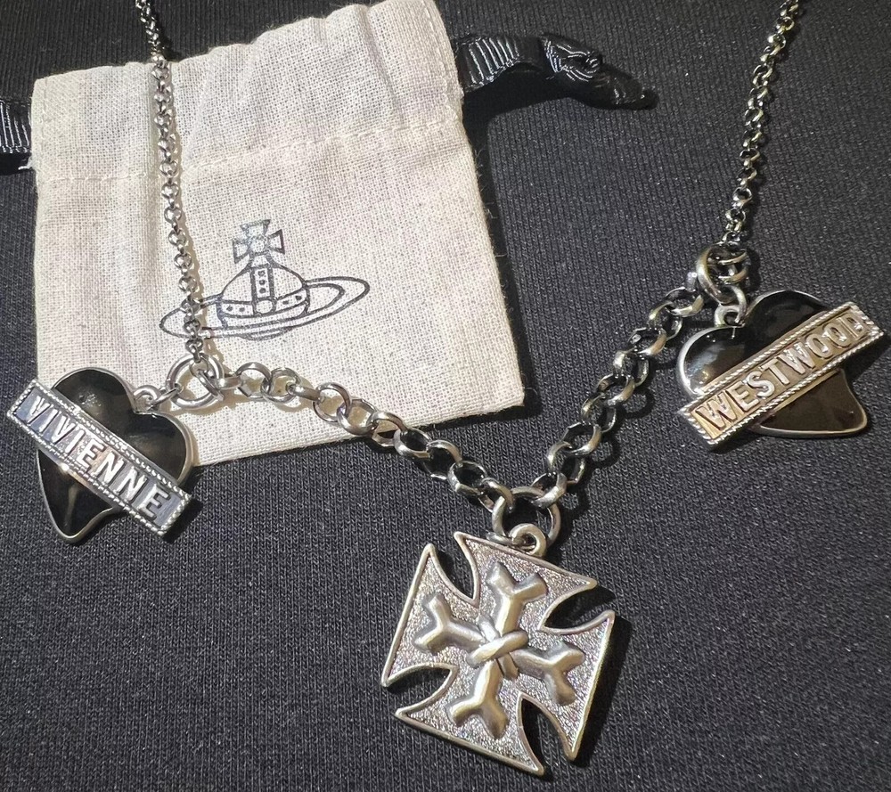 Vivienne Westwood Nana Necklace Black Heart Cross Triple Charm #242