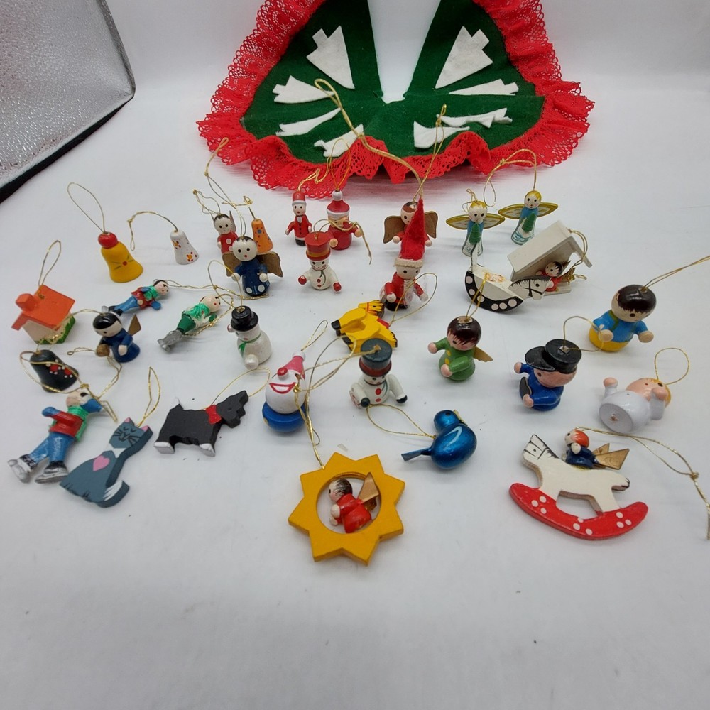 Mini Christmas Ornaments Wood Lot Of 30 Plus Mini Tree Skirt