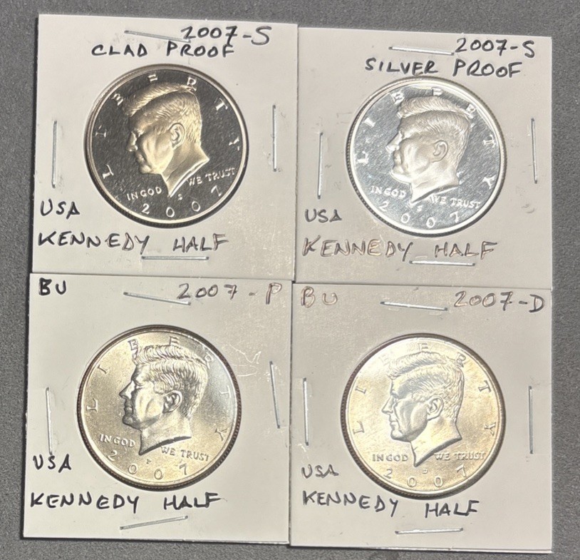 2007 P D S S Kennedy Half Dollar Lot 90% Silver/Clad Proof BU PDSS 4 COINS 0.900