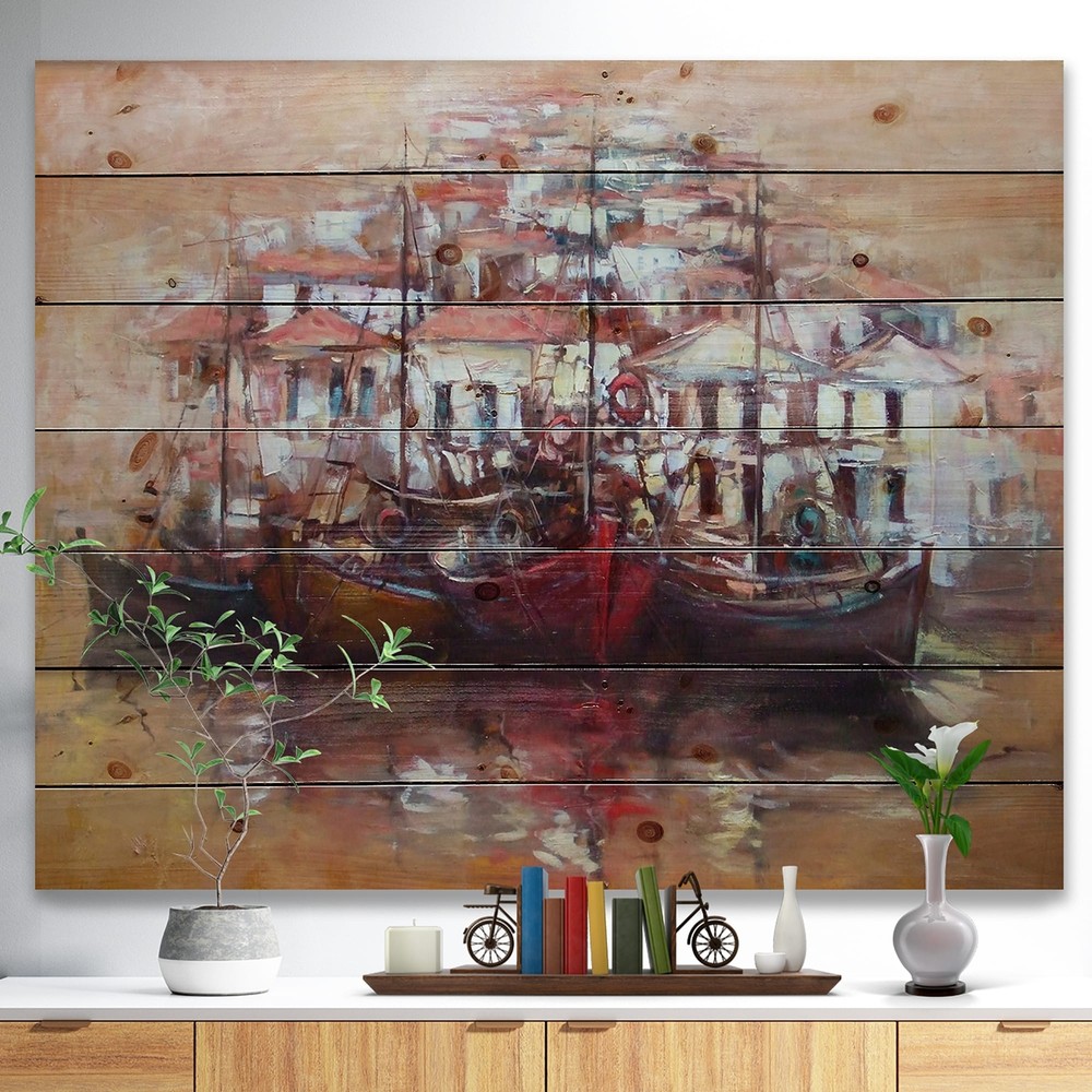 Designart 'Four Boats At Pier Near Village' Sea & Shore  Small